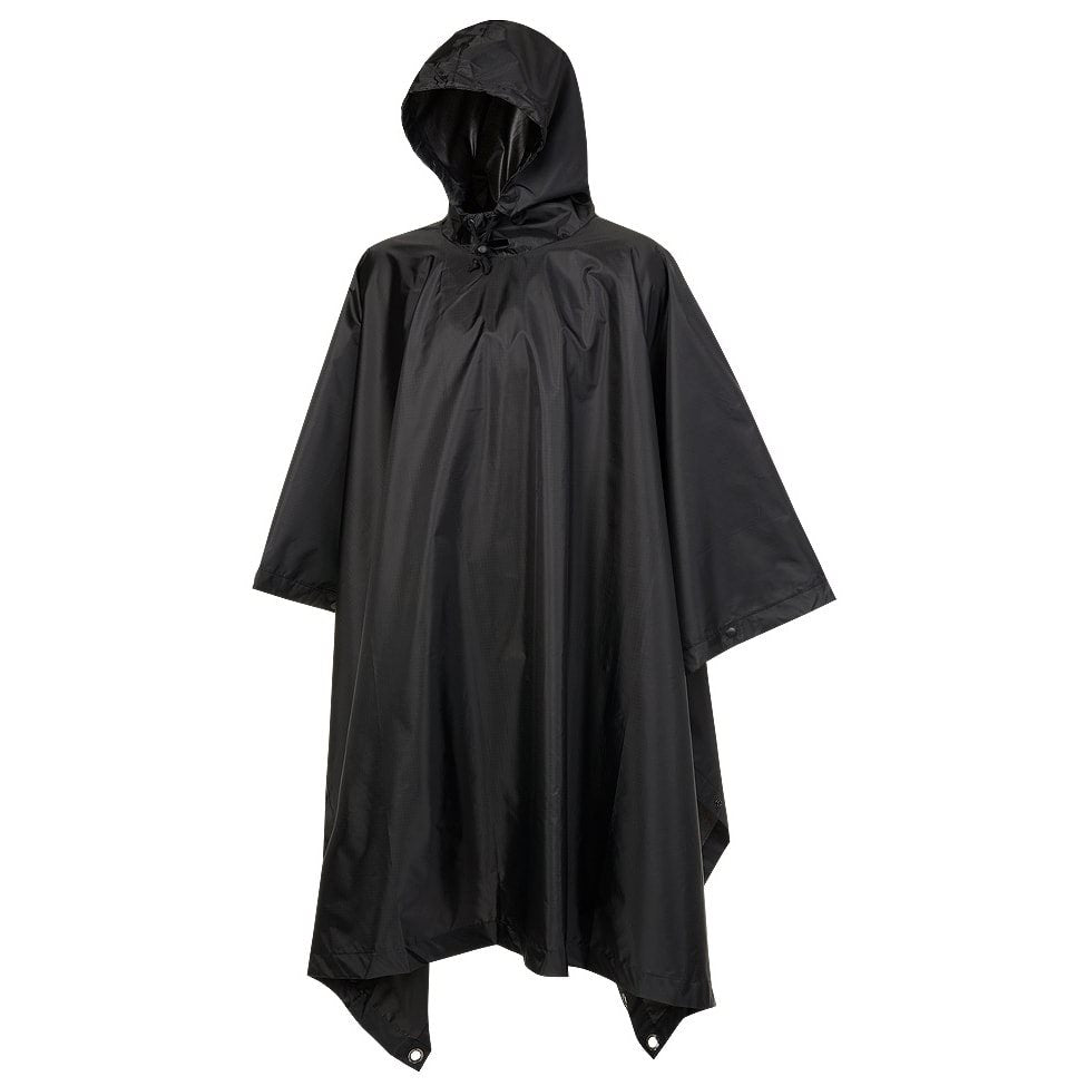 Poncho rip-stop verde con funda plegada, poliester resistente, ocho botones y seis ojales metálicos