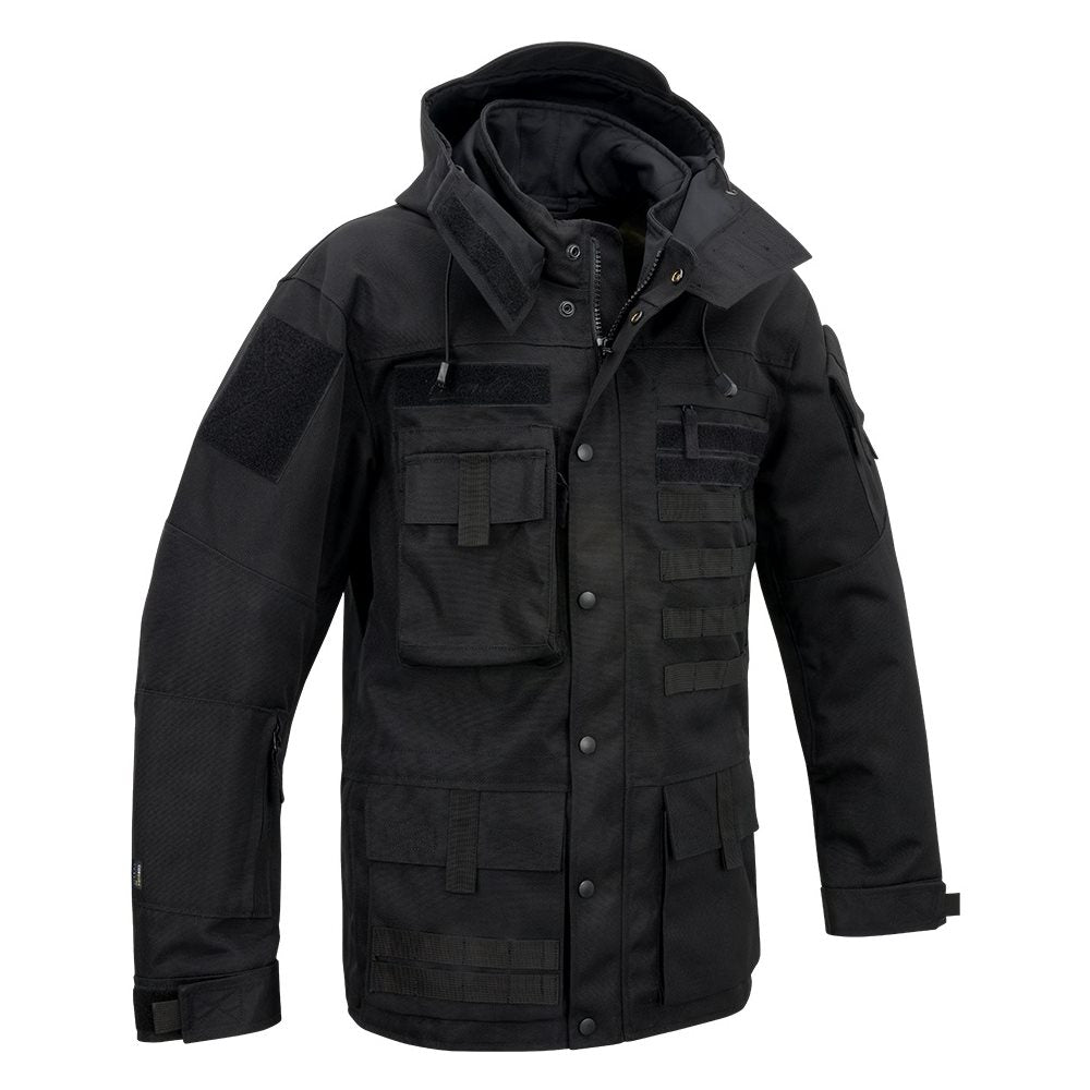 Chaqueta táctica Performance negra de BRANDIT, 900D poliéster y 500D Cordura, con bolsillos y cierre central