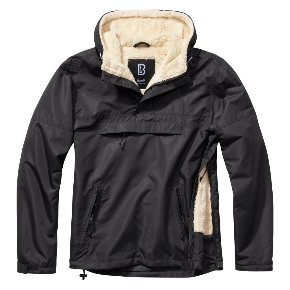 Cazadora Windbreaker Sherpa Negra con forro de piel sintética y cremalleras visibles