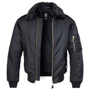 Chaqueta MA2 negra con cuello de piel desmontable, cinco bolsillos y puños elásticos