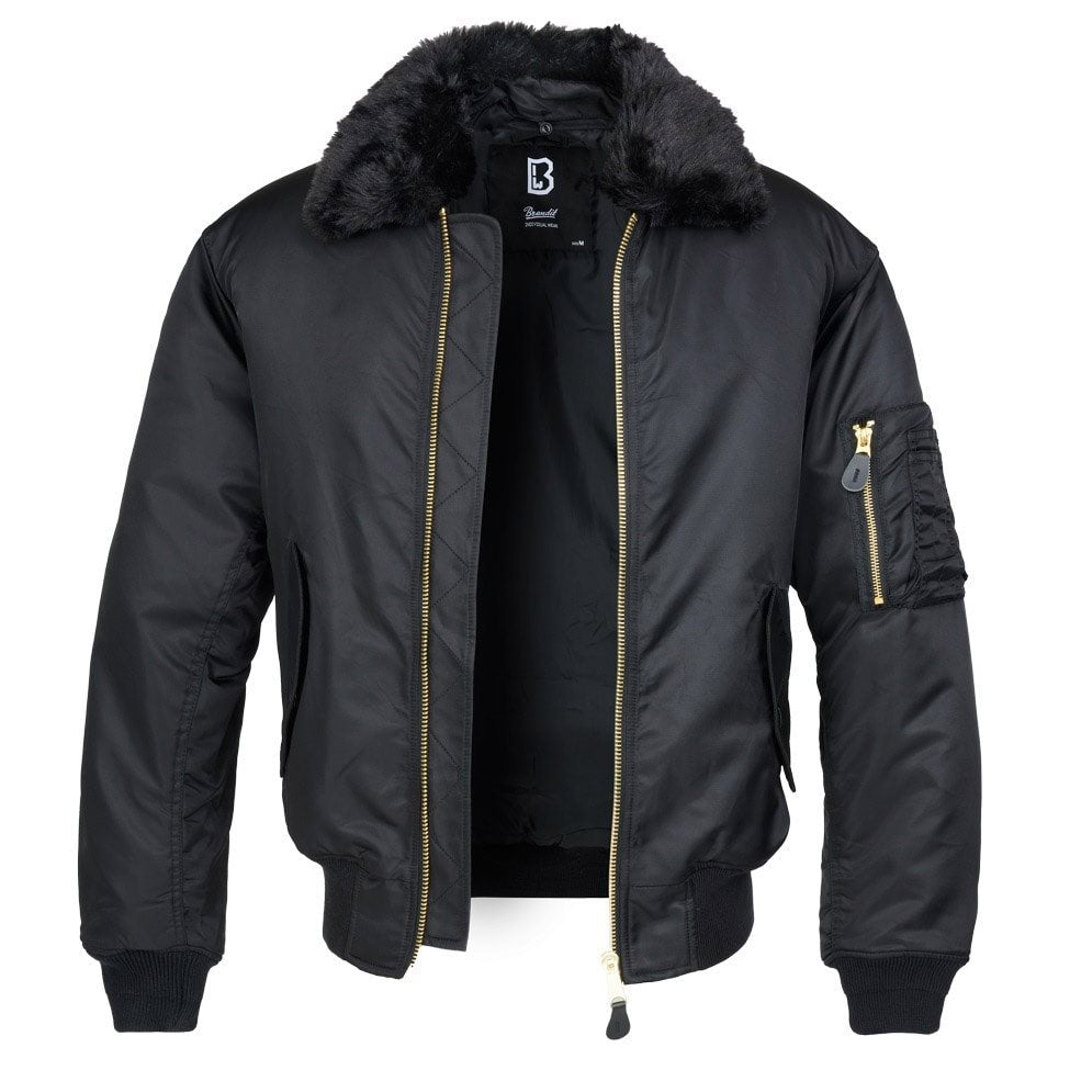 Chaqueta MA2 negra con cuello de piel desmontable, cinco bolsillos y puños elásticos