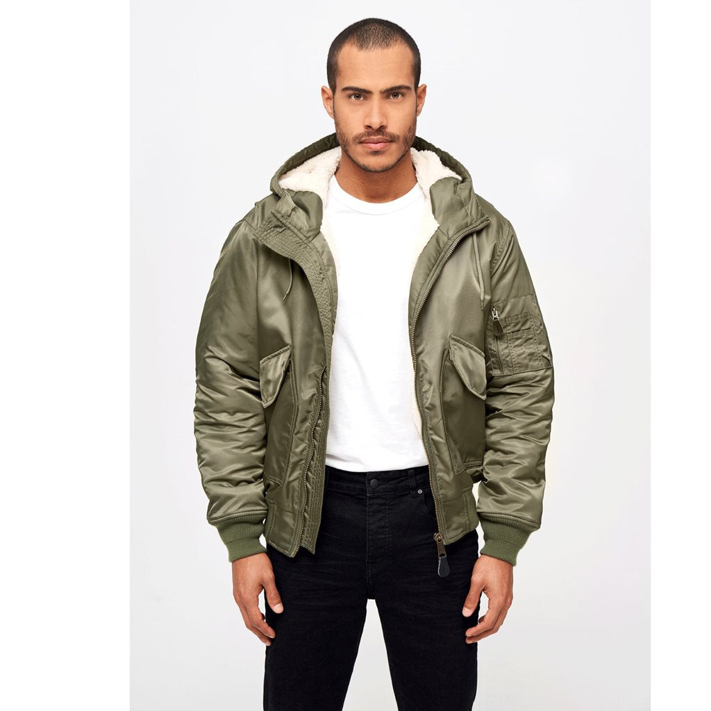 Chaqueta piloto CWU acolchada con capucha verde, vista frontal