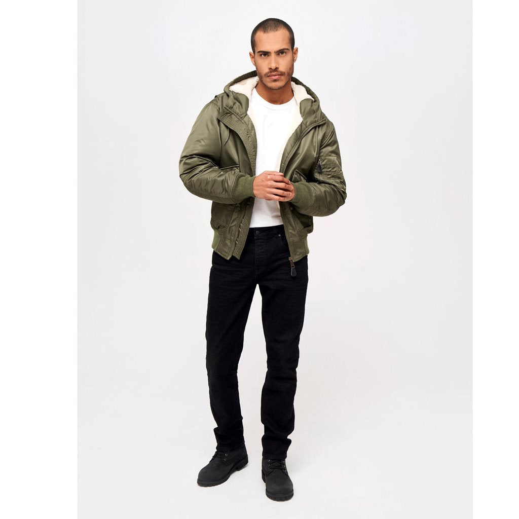 Chaqueta piloto CWU acolchada con capucha verde, vista frontal