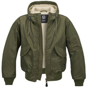 Chaqueta piloto CWU acolchada con capucha verde, vista frontal