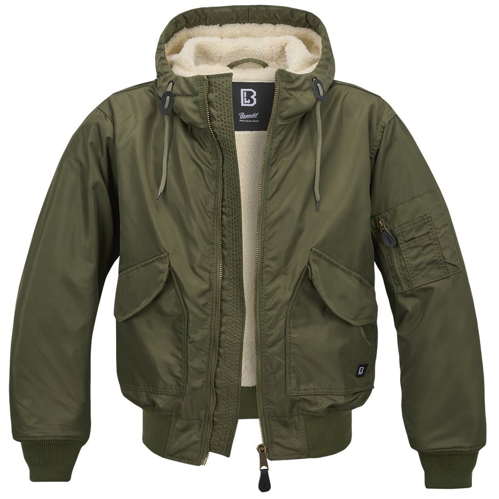 Chaqueta piloto CWU acolchada con capucha verde, vista frontal