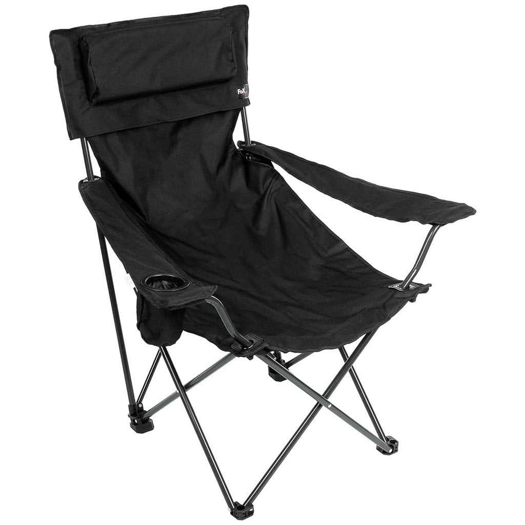 Sillón plegable DELUX negro con reposacabezas acolchado e incluye bolsa de transporte