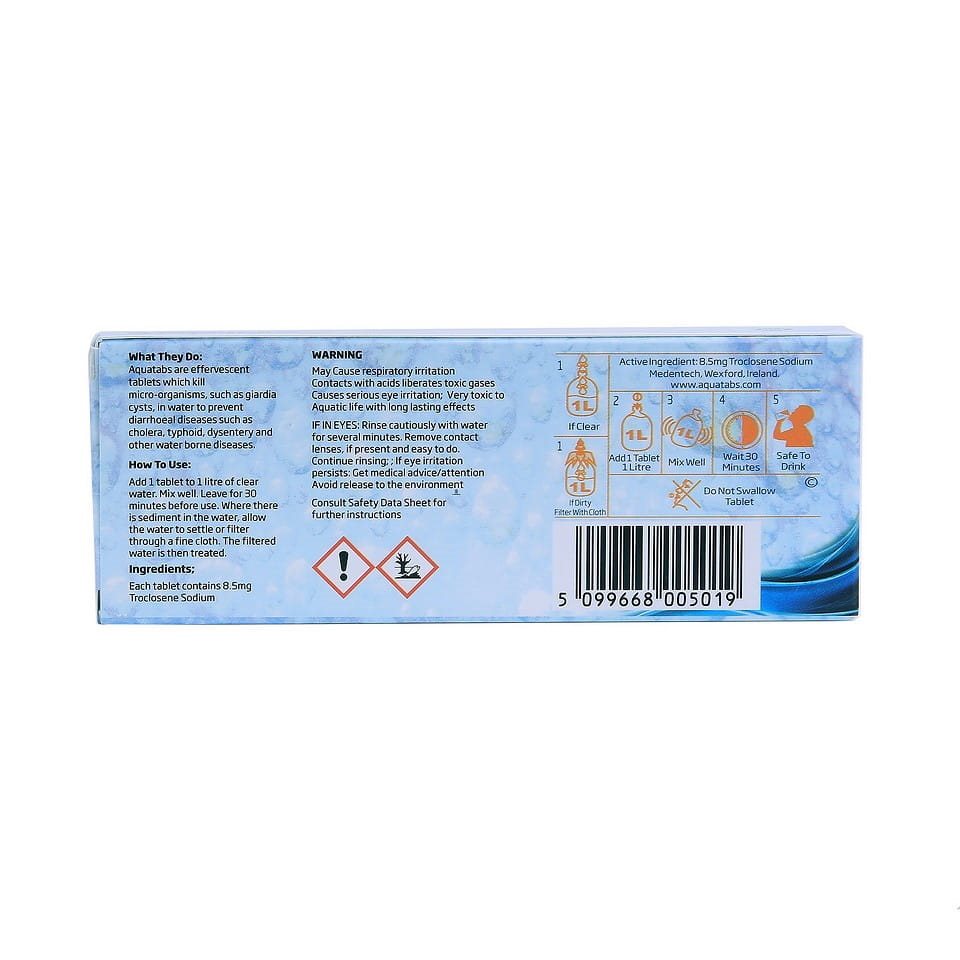 Envase con 50 tabletas Aquatabs para purificar agua
