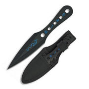 Set 3 cuchillos arrojadizos en acero inoxidable, acabado negro con motivos azules y funda de nylon