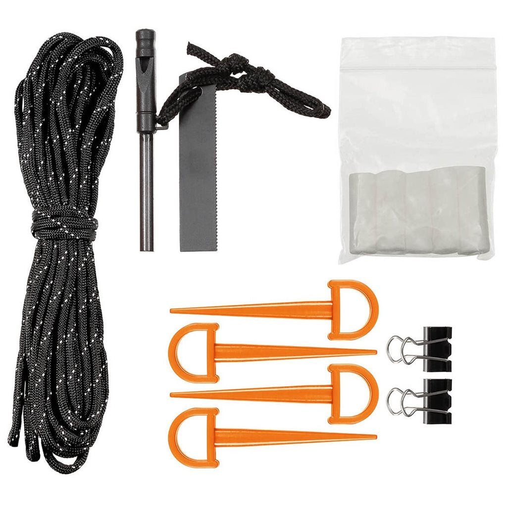 Tienda de emergencia naranja para 2 personas con interior aluminizado y estuche con silbato, pedernal y mechas de algodón