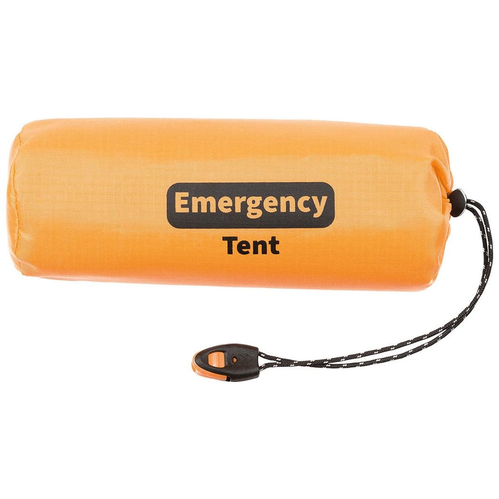 Tienda de emergencia naranja para 2 personas con interior aluminizado y estuche con silbato, pedernal y mechas de algodón