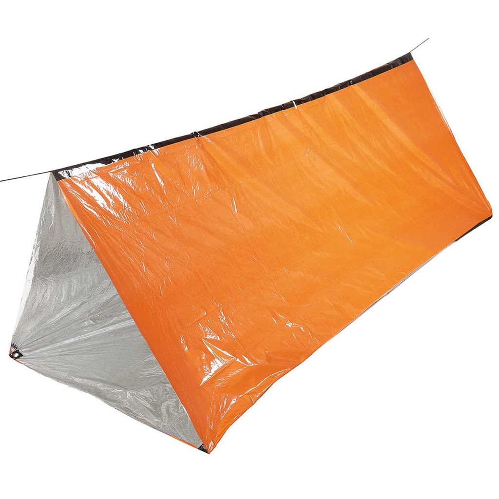 Tienda de emergencia naranja para 2 personas con interior aluminizado y estuche con silbato, pedernal y mechas de algodón