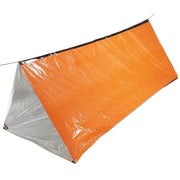 Tienda de emergencia naranja para 2 personas con interior aluminizado y estuche con silbato, pedernal y mechas de algodón