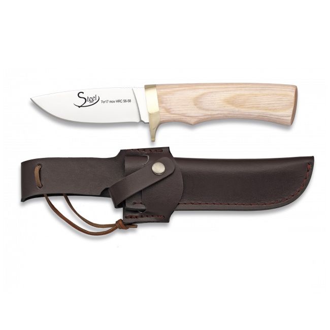 Cuchillo 32048 con hoja fija y mango de madera clara, incluye funda para cinturón