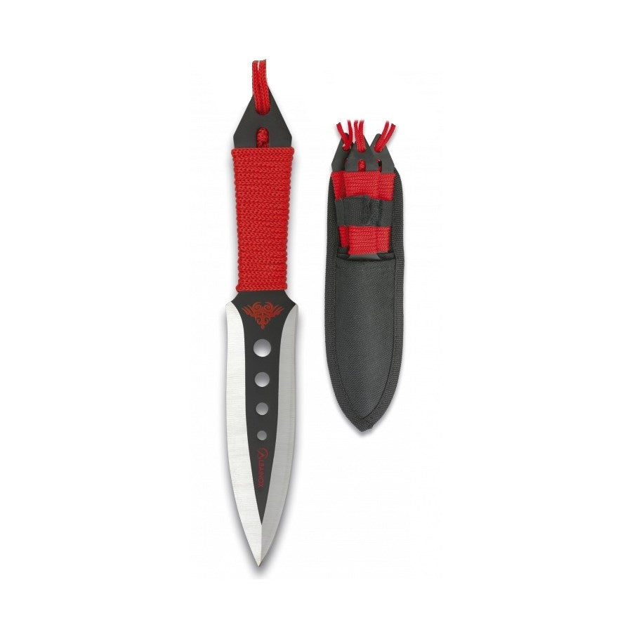 Set de 3 cuchillos arrojadizos en acero inoxidable con empuñadura paracord rojo y funda de nylon negra