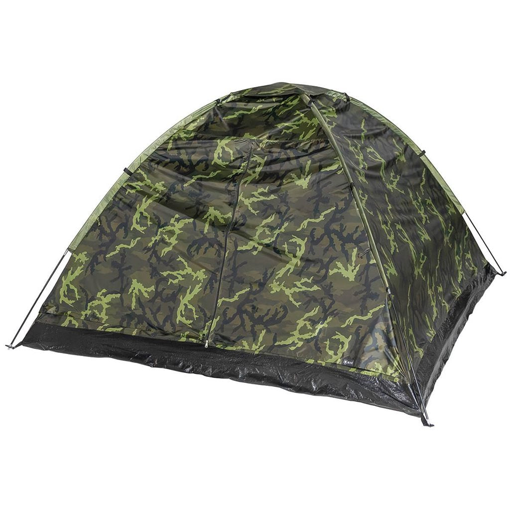 Tienda MONODOM para 3 personas verde montada, con mosquitera y bolsa de transporte visible