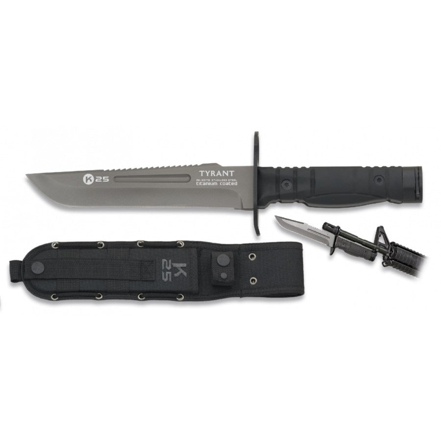 Cuchillo táctico K25 TYRANT de hoja fija en negro con funda de nylon
