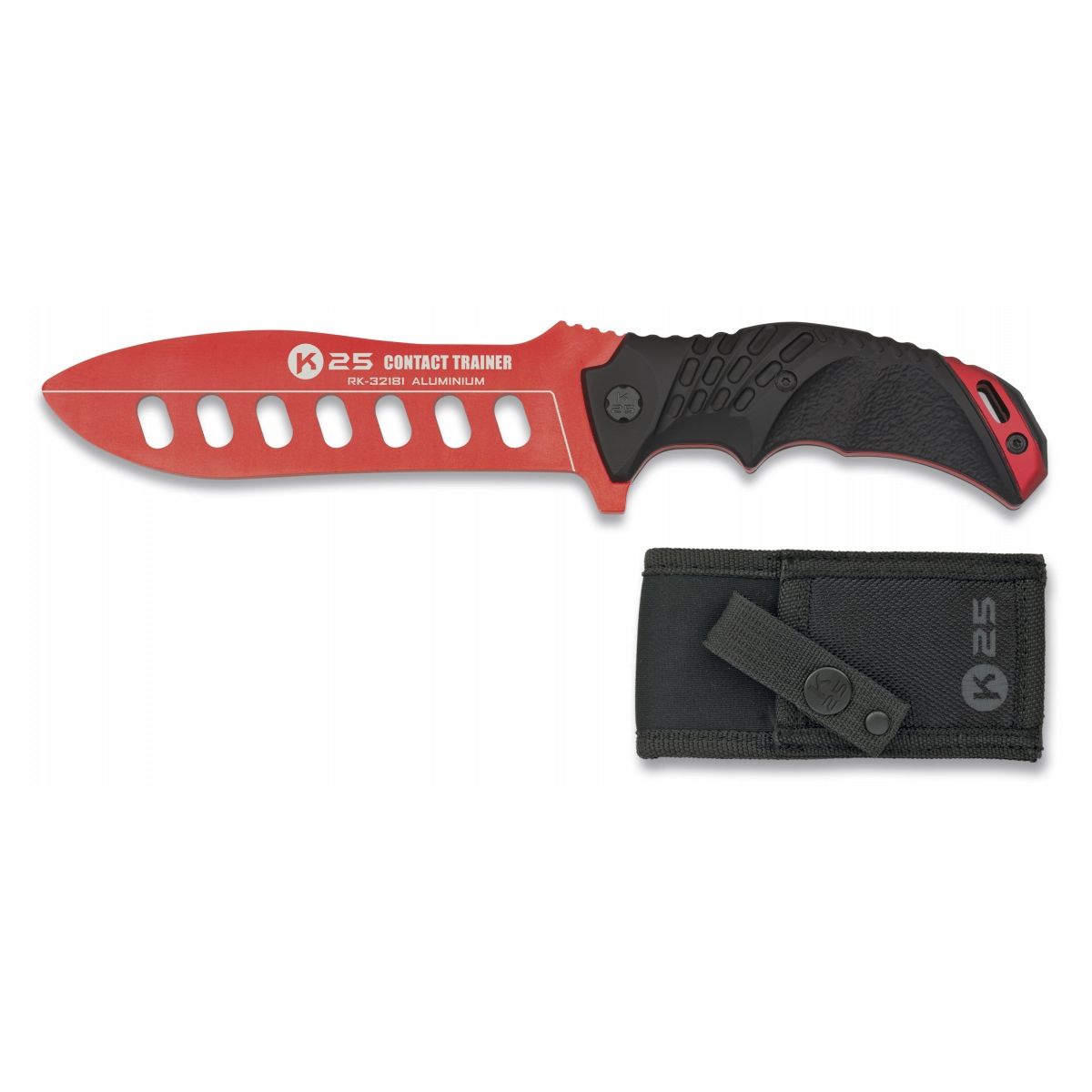 Cuchillo de entrenamiento K25 32181 con hoja fija de aluminio rojo y funda de nylon