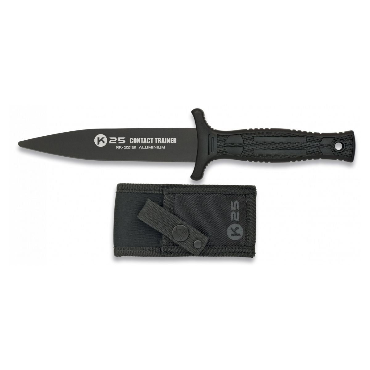 Navaja de entrenamiento K25 de aluminio negra con funda de nylon
