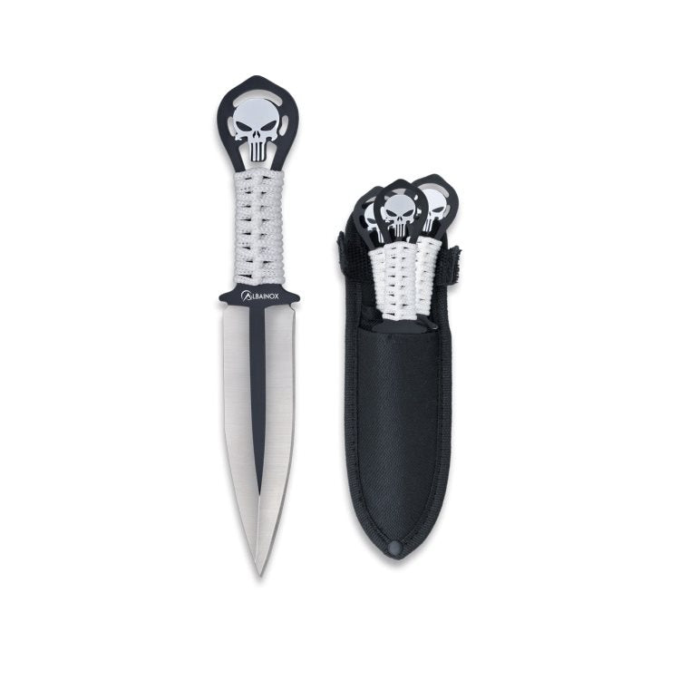 Set de 3 cuchillos arrojadizos SKULL con calavera, acero 3CR13MOV y empuñadura con cordón blanco