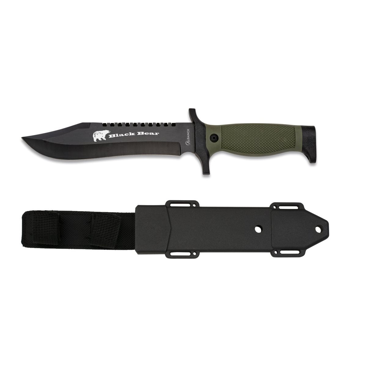 Cuchillo táctico BLACK BEAR hoja fija negra 18 cm con funda de plástico