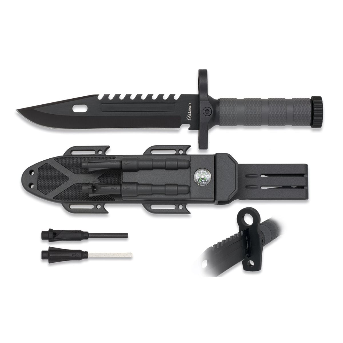 Cuchillo survival negro con funda, brujula, pedernal y afilador
