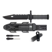 Cuchillo survival negro con funda, brujula, pedernal y afilador