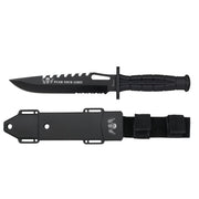Cuchillo RIGID negro con hoja fija 18 cm, dientes en el lomo y funda incluida