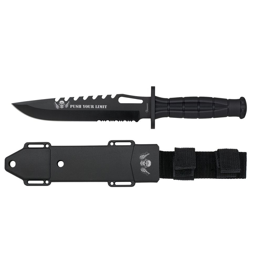 Cuchillo RIGID negro con hoja fija 18 cm, dientes en el lomo y funda incluida