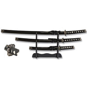 Set de 3 katanas (95, 71, 46 cm) con soporte, hojas de acero al carbono