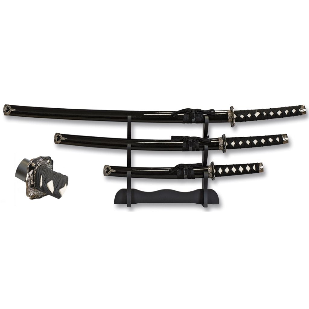 Set de 3 katanas (95, 71, 46 cm) con soporte, hojas de acero al carbono