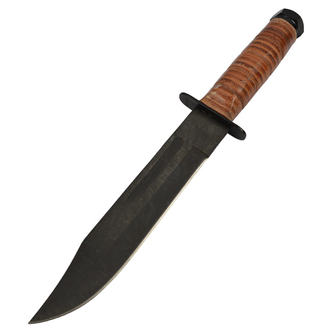 Cuchillo de combate US Marine Corps con hoja negra, empuñadura de cuero y funda de cuero negro con correa para muslo