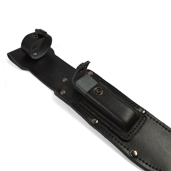 Cuchillo de combate US Marine Corps con hoja negra, empuñadura de cuero y funda de cuero negro con correa para muslo