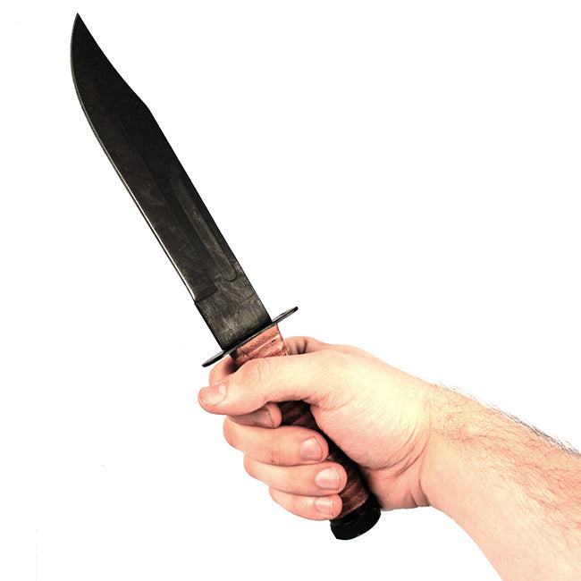 Cuchillo de combate US Marine Corps con hoja negra, empuñadura de cuero y funda de cuero negro con correa para muslo
