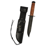 Cuchillo de combate US Marine Corps con hoja negra, empuñadura de cuero y funda de cuero negro con correa para muslo