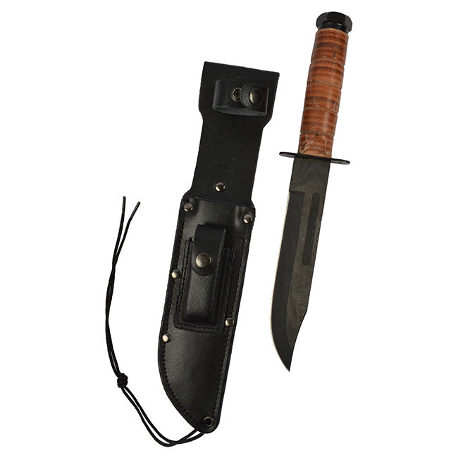 Cuchillo de combate US Marine Corps con hoja negra, empuñadura de cuero y funda de cuero negro con correa para muslo