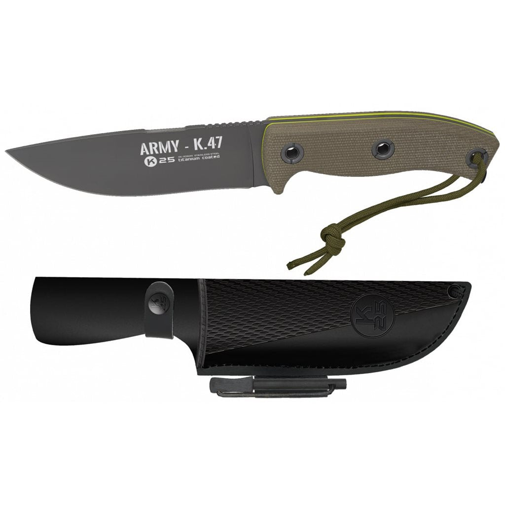 Cuchillo ARMY K47 hoja fija acero 7Cr17Mov con revestimiento titanio y mango G10, funda verde