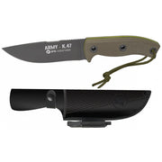 Cuchillo ARMY K47 hoja fija acero 7Cr17Mov con revestimiento titanio y mango G10, funda verde