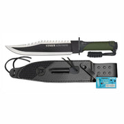 Cuchillo táctico STORM con hoja robusta parcialmente ennegrecida y funda de cuero