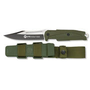 Cuchillo táctico full tang 32758, hoja en acero inoxidable con recubrimiento de titanio, incluye funda verde