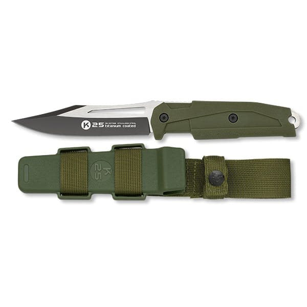 Cuchillo táctico full tang 32758, hoja en acero inoxidable con recubrimiento de titanio, incluye funda verde