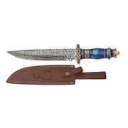 Cuchillo de hoja fija FANSTASY SEA en acero damasco con filo liso y funda de cuero