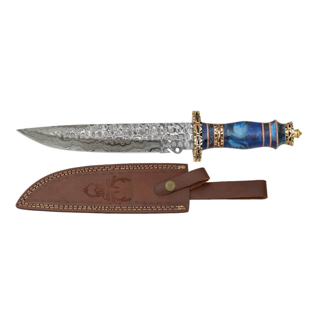 Cuchillo de hoja fija FANSTASY SEA en acero damasco con filo liso y funda de cuero