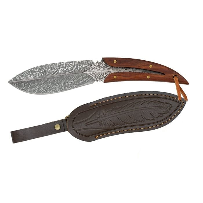 Cuchillo FEATHER con funda de cuero para cinturón, hoja fija y filo liso