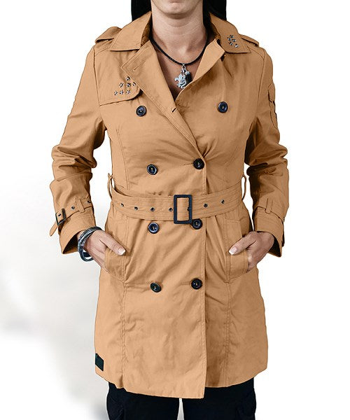 Trenchcoat marrón de algodón para mujer, doble botonadura, inspirado en abrigos militares británicos del s. XIX