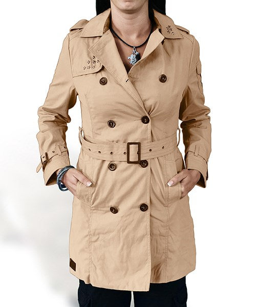 Trenchcoat marrón de algodón para mujer, doble botonadura, inspirado en abrigos militares británicos del s. XIX