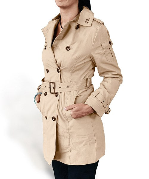 Trenchcoat marrón de algodón para mujer, doble botonadura, inspirado en abrigos militares británicos del s. XIX