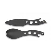 Set de cubiertos multifunción OUTDOOR negro, incluye cuchillo, tenedor-cuchara y herramientas integradas