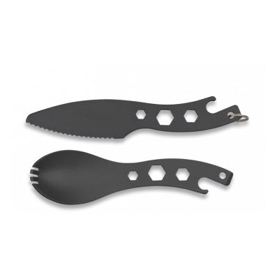 Set de cubiertos multifunción OUTDOOR negro, incluye cuchillo, tenedor-cuchara y herramientas integradas