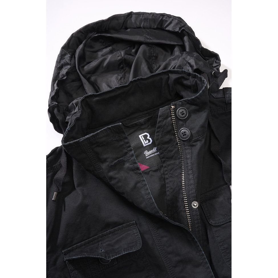 Chaqueta BRITANNIA mujer negra, algodón, 5 bolsillos, capucha y cintura ajustable