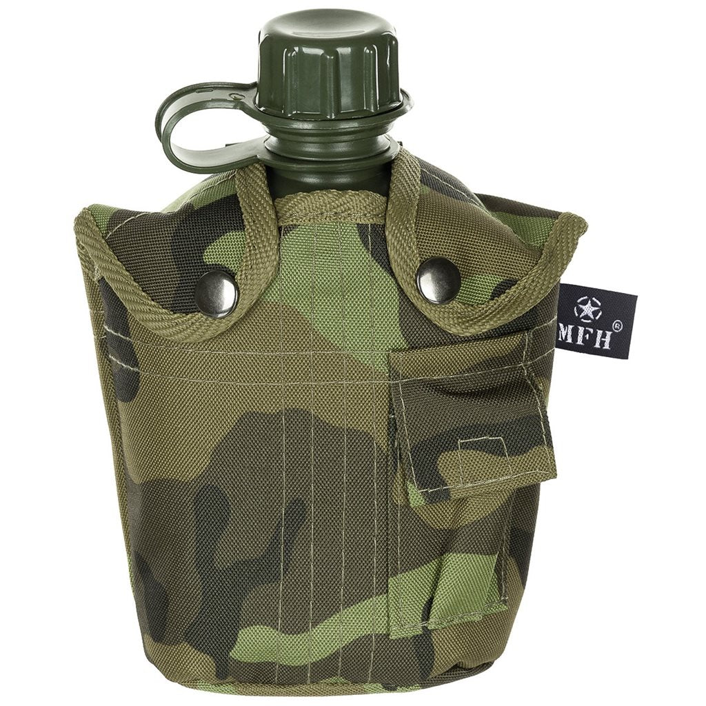 Cantimplora de campaña US 1L con funda de nylon patrón 95 bosque, botella de plástico con funda camuflaje